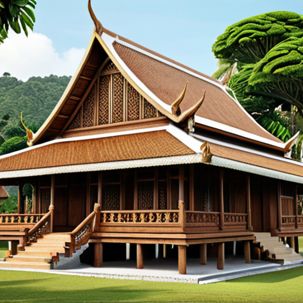 **Prompt:** A traditional Thai house made of teak wood, showcasing its strength and elegance. Focus on the intricate details of the wooden pillars, walls, and roof. The house is set in a lush, tropical landscape.