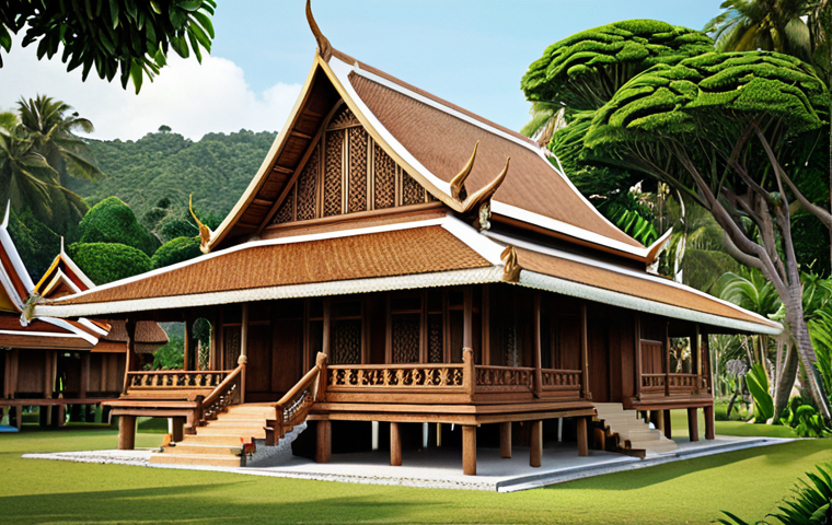 **Prompt:** A traditional Thai house made of teak wood, showcasing its strength and elegance. Focus on the intricate details of the wooden pillars, walls, and roof. The house is set in a lush, tropical landscape.