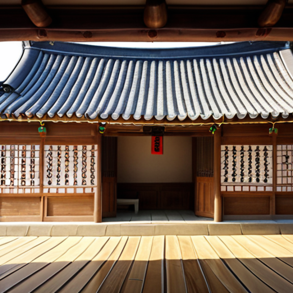 **Prompt:** A beautifully restored traditional Korean Hanok house with curved roof tiles, set in a peaceful garden. Sunlight streams through the paper windows, casting warm shadows on the wooden floor.