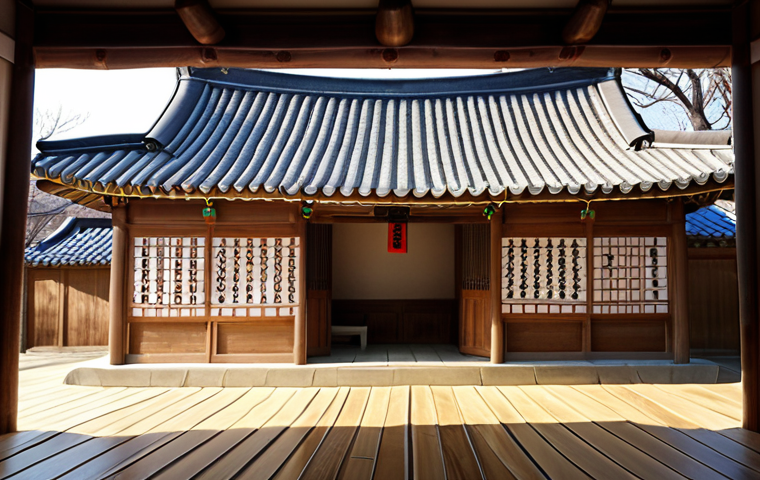 **Prompt:** A beautifully restored traditional Korean Hanok house with curved roof tiles, set in a peaceful garden. Sunlight streams through the paper windows, casting warm shadows on the wooden floor.