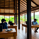 A vibrant co-working space thoughtfully established under the high stilts of a traditional Thai wooden house. Warm natural sunlight floods the area, highlighting exposed wooden beams and a blend of modern, ergonomic furniture with traditional accents. People in professional, modest clothing are working on laptops or collaborating quietly. The scene captures the harmonious blend of ancient architecture with contemporary utility, featuring subtle plants and minimalist decor. fully clothed, appropriate attire, safe for work, appropriate content, professional, perfect anatomy, correct proportions, natural pose, well-formed hands, proper finger count, natural body proportions, high quality photography, detailed, realistic.