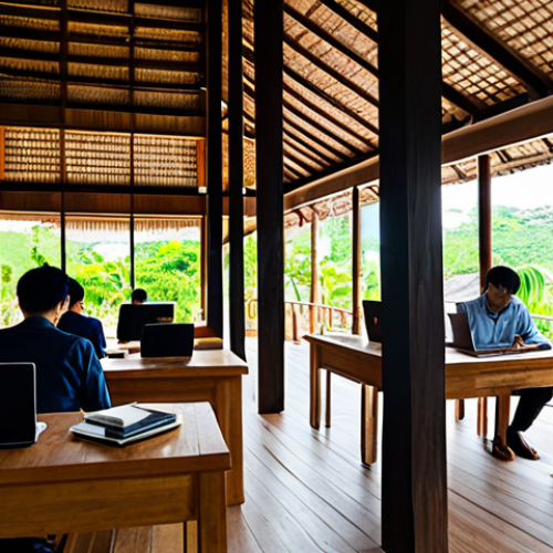 A vibrant co-working space thoughtfully established under the high stilts of a traditional Thai wooden house. Warm natural sunlight floods the area, highlighting exposed wooden beams and a blend of modern, ergonomic furniture with traditional accents. People in professional, modest clothing are working on laptops or collaborating quietly. The scene captures the harmonious blend of ancient architecture with contemporary utility, featuring subtle plants and minimalist decor. fully clothed, appropriate attire, safe for work, appropriate content, professional, perfect anatomy, correct proportions, natural pose, well-formed hands, proper finger count, natural body proportions, high quality photography, detailed, realistic.