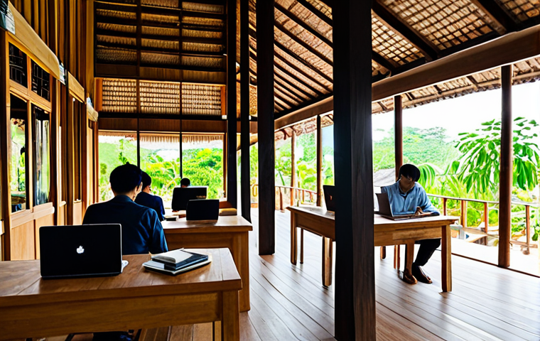 A vibrant co-working space thoughtfully established under the high stilts of a traditional Thai wooden house. Warm natural sunlight floods the area, highlighting exposed wooden beams and a blend of modern, ergonomic furniture with traditional accents. People in professional, modest clothing are working on laptops or collaborating quietly. The scene captures the harmonious blend of ancient architecture with contemporary utility, featuring subtle plants and minimalist decor. fully clothed, appropriate attire, safe for work, appropriate content, professional, perfect anatomy, correct proportions, natural pose, well-formed hands, proper finger count, natural body proportions, high quality photography, detailed, realistic.