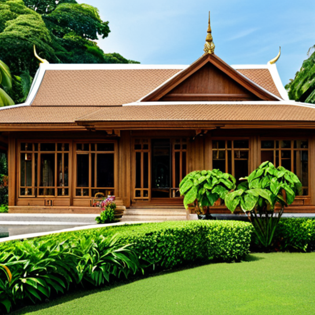 Exterior of a Teak Wood House**
"A classic Thai teak wood house, surrounded by lush tropical greenery, fully clothed figures tending to the garden, appropriate attire, safe for work, perfect anatomy, natural proportions, professional architecture photography, high quality, modest, family-friendly."
**