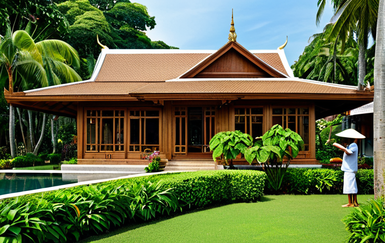 Exterior of a Teak Wood House**

"A classic Thai teak wood house, surrounded by lush tropical greenery, fully clothed figures tending to the garden, appropriate attire, safe for work, perfect anatomy, natural proportions, professional architecture photography, high quality, modest, family-friendly."

**