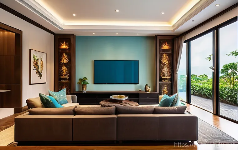전통주택과 현대 기술의 만남 - **Prompt: Smart Home Comfort in a Traditional Thai Living Space**
    "An indoor, eye-level shot cap...
