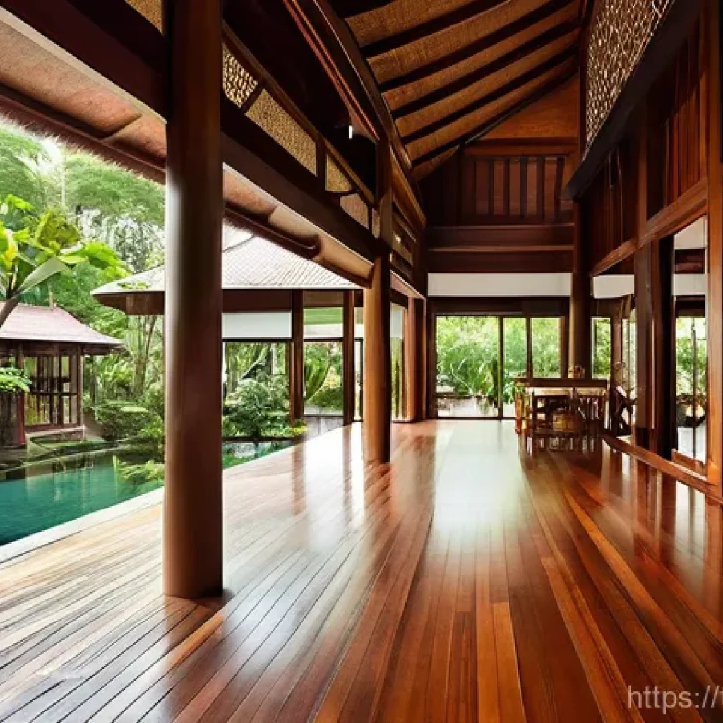 전통주택의 실용성 - **A serene, traditional Thai house (Ruean Thai) showcasing its natural cooling design.** The image s...