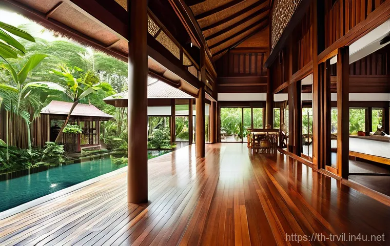 전통주택의 실용성 - **A serene, traditional Thai house (Ruean Thai) showcasing its natural cooling design.** The image s...
