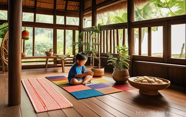 전통주택의 실용성 - **A serene, traditional Thai house (Ruean Thai) showcasing its natural cooling design.** The image s...