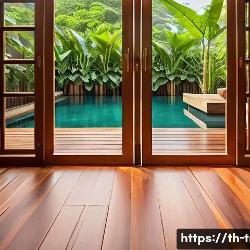 전통주택의 바닥재 선택 - A traditional Thai wooden floor interior featuring rich, polished hardwood planks made from teak and...