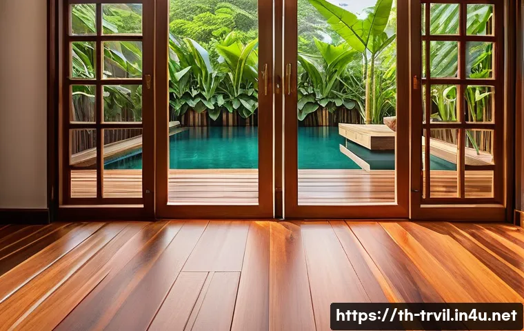 전통주택의 바닥재 선택 - A traditional Thai wooden floor interior featuring rich, polished hardwood planks made from teak and...
