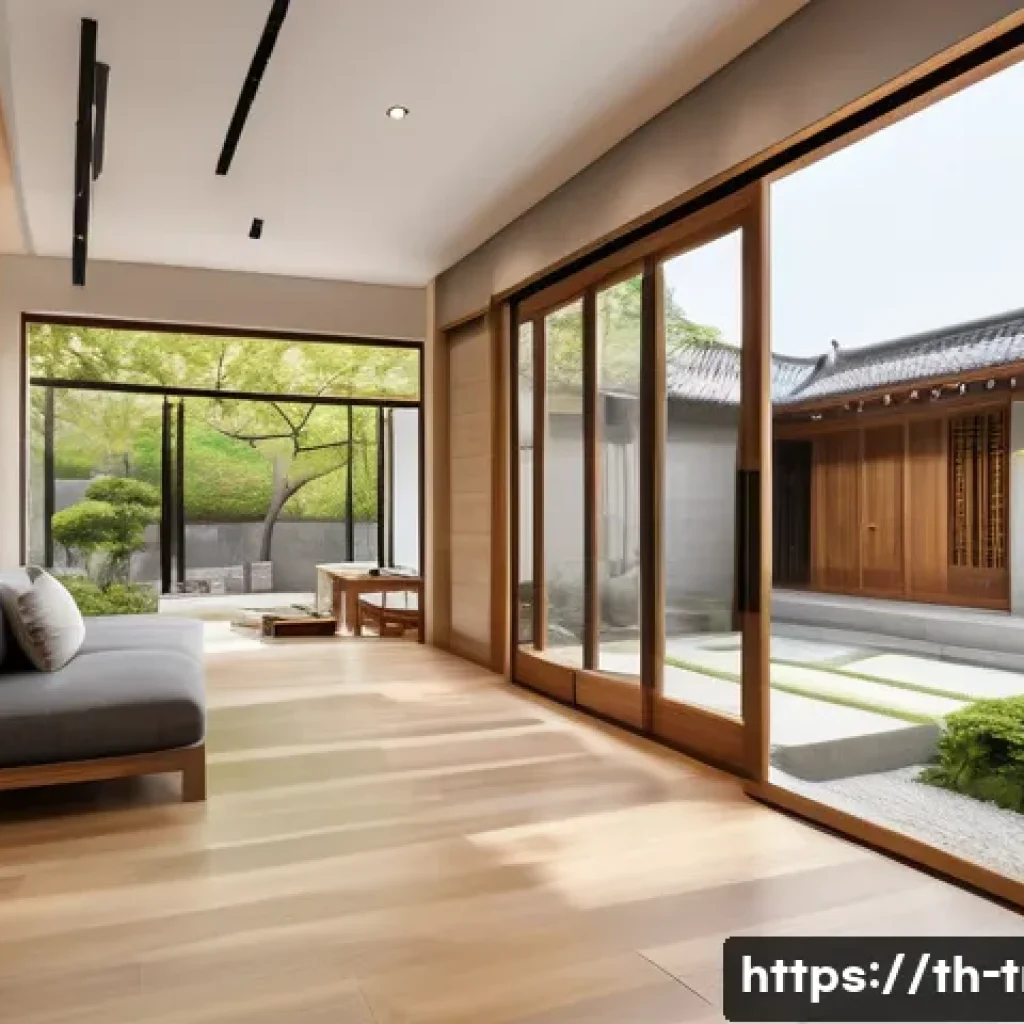 한옥 디자인 트렌드 - A modern hanok-style living room interior featuring natural teak wood with matte finish flooring and...