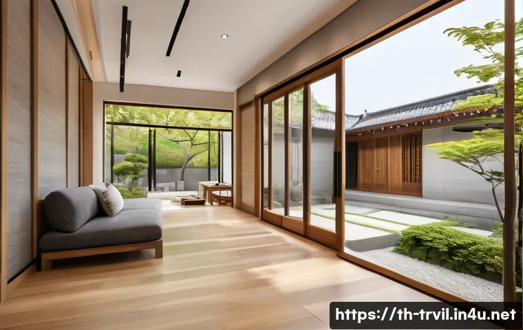 한옥 디자인 트렌드 - A modern hanok-style living room interior featuring natural teak wood with matte finish flooring and...