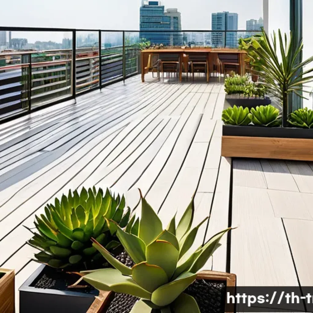 전통주택의 옥상 정원 - A modern rooftop garden in a Thai urban setting during daytime, showcasing a variety of drought-resi...