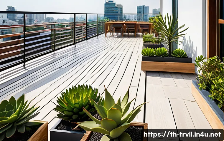 전통주택의 옥상 정원 - A modern rooftop garden in a Thai urban setting during daytime, showcasing a variety of drought-resi...
