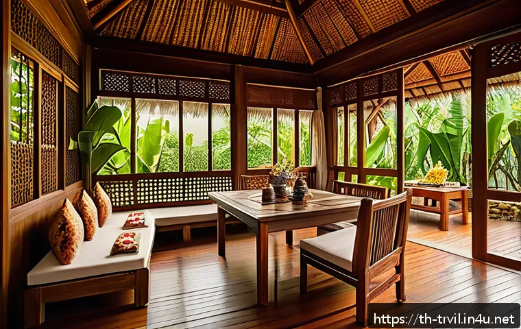 전통주택과 현대식 주택의 차이점 - A cozy traditional Thai wooden house interior featuring solid teak wood walls and intricate hand-car...