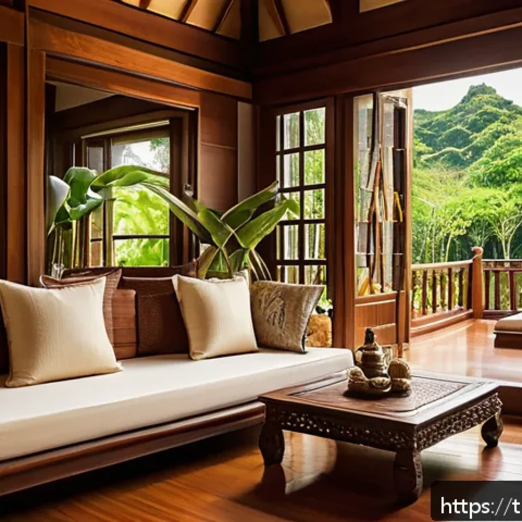 전통주택의 향기와 풍수 - A cozy traditional Thai wooden house interior featuring rich hardwood floors and furniture with natu...