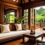 전통주택의 향기와 풍수 - A cozy traditional Thai wooden house interior featuring rich hardwood floors and furniture with natu...