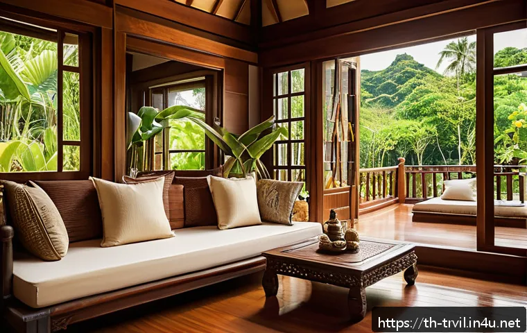 전통주택의 향기와 풍수 - A cozy traditional Thai wooden house interior featuring rich hardwood floors and furniture with natu...