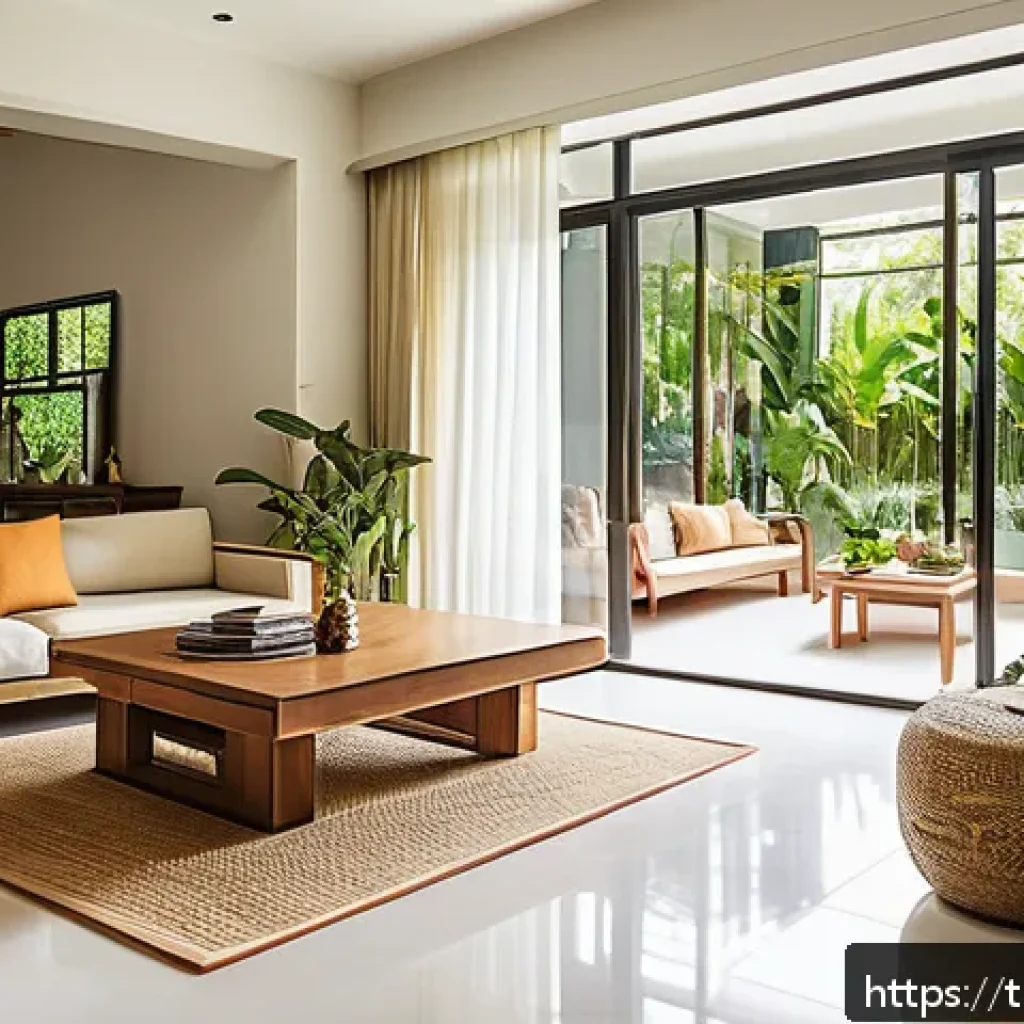 한옥의 온돌 시스템 - A modern Thai living room interior featuring an underfloor heating system beneath elegant ceramic ti...