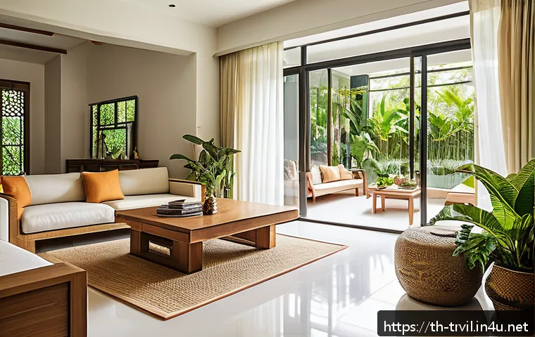 한옥의 온돌 시스템 - A modern Thai living room interior featuring an underfloor heating system beneath elegant ceramic ti...