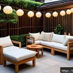한옥의 마당 - An outdoor Korean-style patio featuring light teak wood flooring and warm-toned natural stone tiles,...