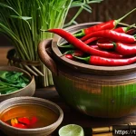 전통 주택에서의 음식 문화 - A traditional Thai wooden kitchen setting featuring handcrafted wooden cooking utensils and earthenw...
