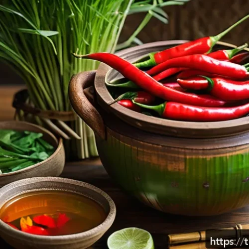전통 주택에서의 음식 문화 - A traditional Thai wooden kitchen setting featuring handcrafted wooden cooking utensils and earthenw...
