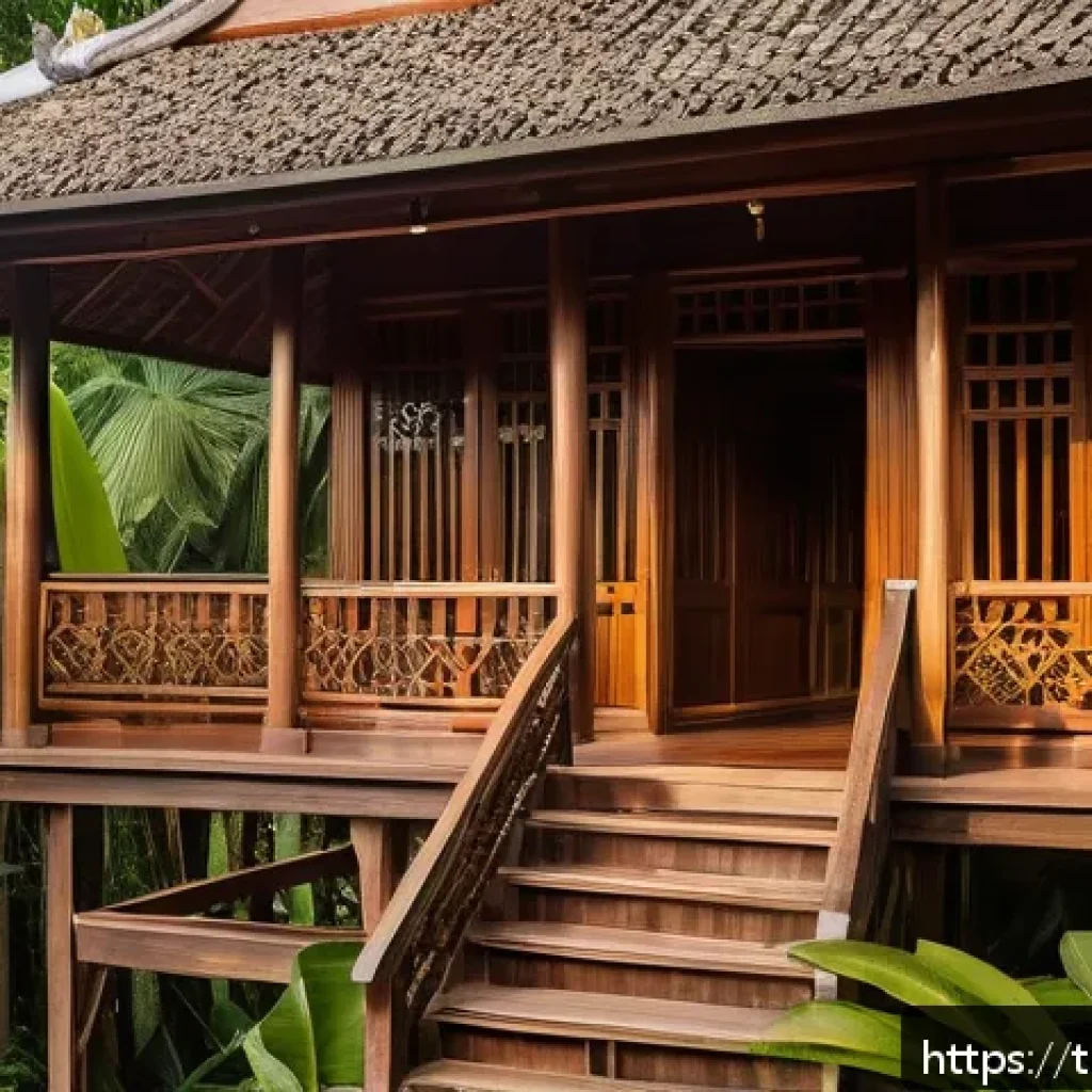 전통주택의 이점과 한계 - A traditional Thai wooden house with a steep gabled roof and elevated stilts, surrounded by lush tro...