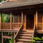 전통주택의 이점과 한계 - A traditional Thai wooden house with a steep gabled roof and elevated stilts, surrounded by lush tro...