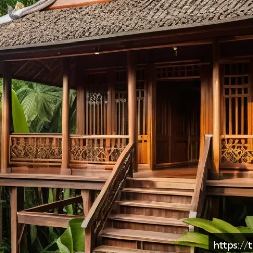 전통주택의 이점과 한계 - A traditional Thai wooden house with a steep gabled roof and elevated stilts, surrounded by lush tro...