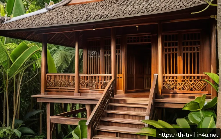 전통주택의 이점과 한계 - A traditional Thai wooden house with a steep gabled roof and elevated stilts, surrounded by lush tro...