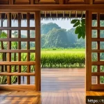 전통주택의 소음 관리 - A traditional Thai wooden house exterior featuring thick, polished teak wood walls and floors, surro...