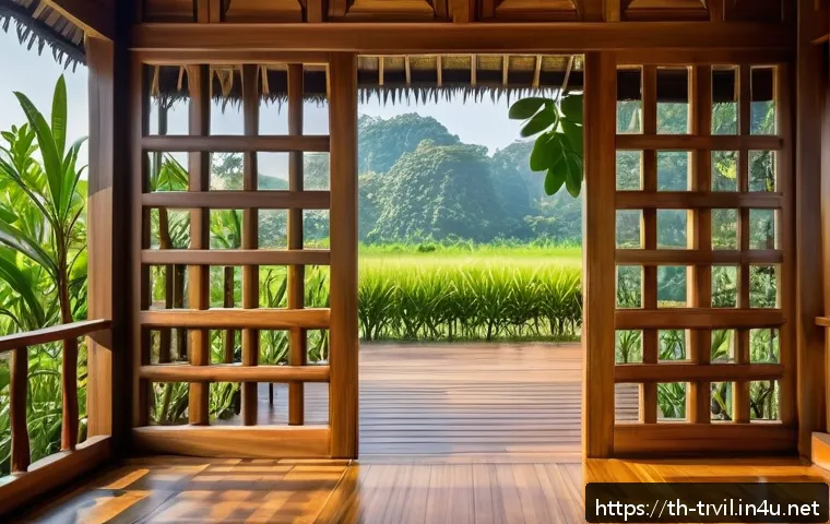 전통주택의 소음 관리 - A traditional Thai wooden house exterior featuring thick, polished teak wood walls and floors, surro...