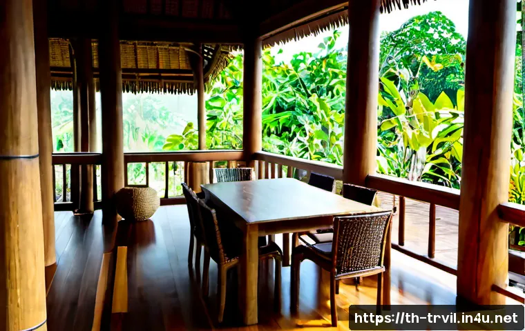 Home 30 전통주택의 공간 디자인 - Photorealistic traditional Thai teakwood house interior, open-air living pavilion with polished wood...