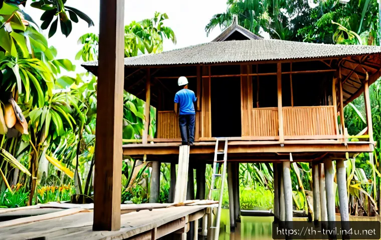 전통주택의 구조적 안전성 - Photorealistic traditional Thai wooden stilt house during a professional structural safety inspectio...