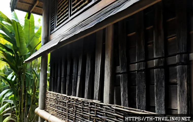 Home 17 전통 주택의 벽체 - Photorealistic close-up of a traditional Thai wooden house wall, weathered teak planks joined with v...